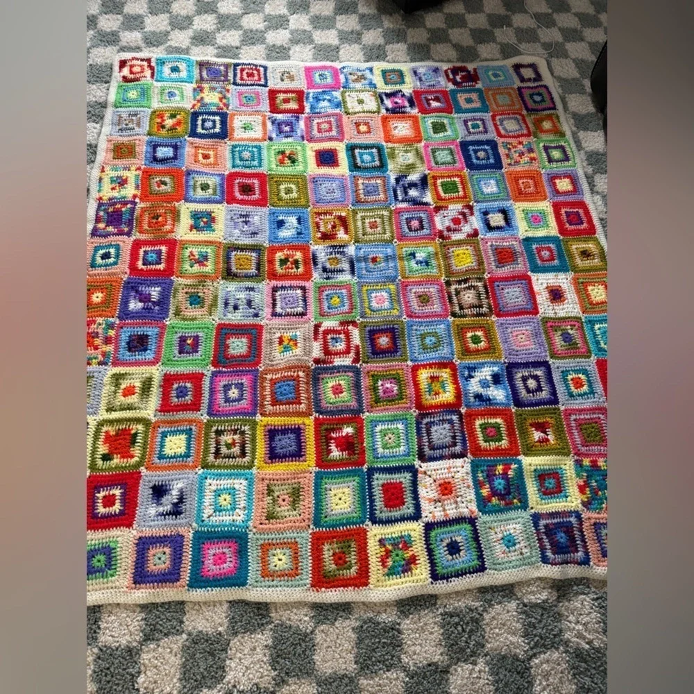 VTG Granny Square Blanket Afghan Crochet Hand Made Patchwork Multi Color Amish